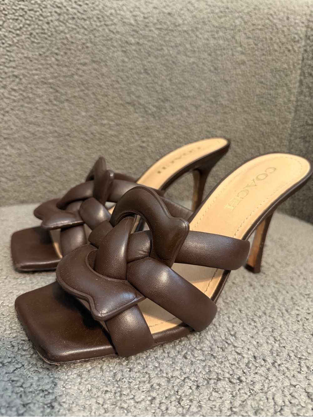 COACH Brown Braided Leather Knot Mule Heels